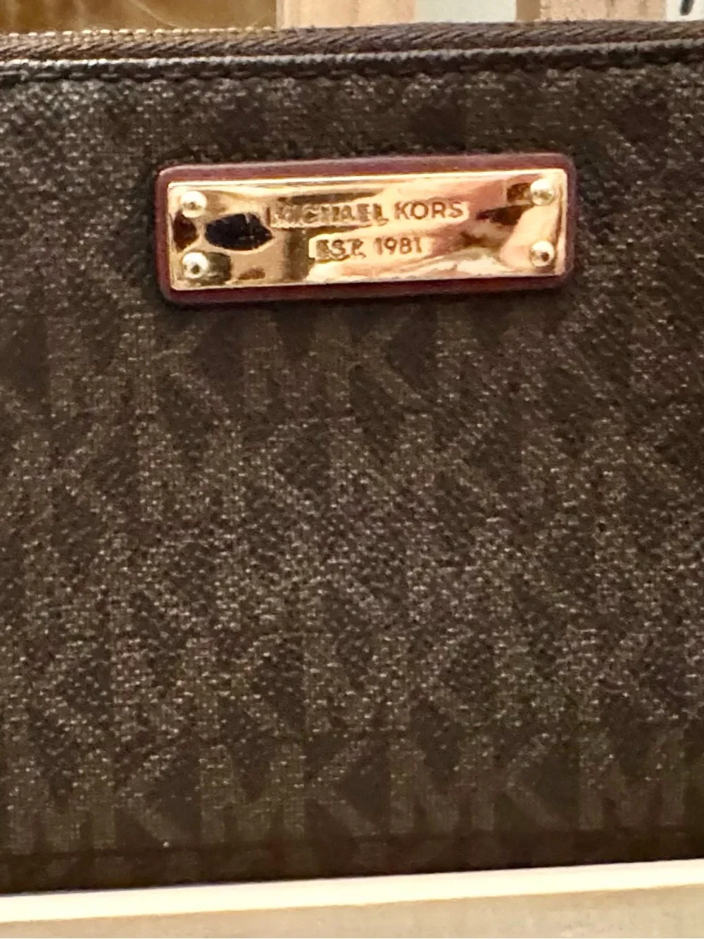 Michael Kors Signature Brown Logo Wristlet Zip Pouch